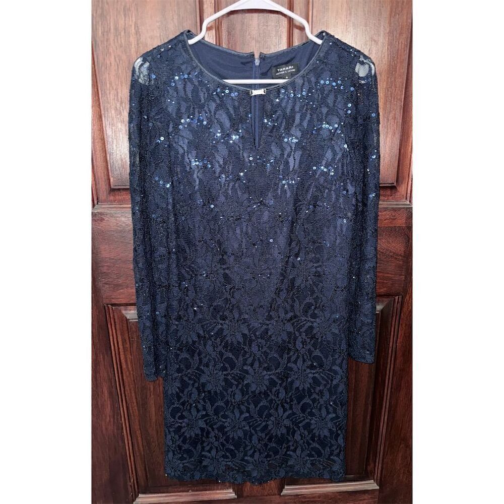 Tahari by Arthur S. Levine Women's Navy Blue Lace Knee Length Cocktail Dress S‎